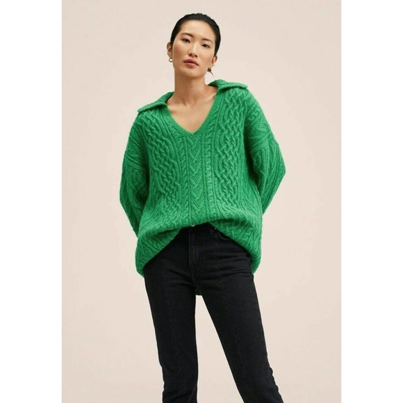 MNG By MANGO Long Sleeve Oversized Jersey Pullover Sweater V Neck XS Green NWT - Picture 1 of 12